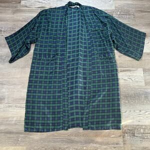 Addiction Kimono Robe 100% Silk Green Navy Plaid Open Front Duster Jacket
